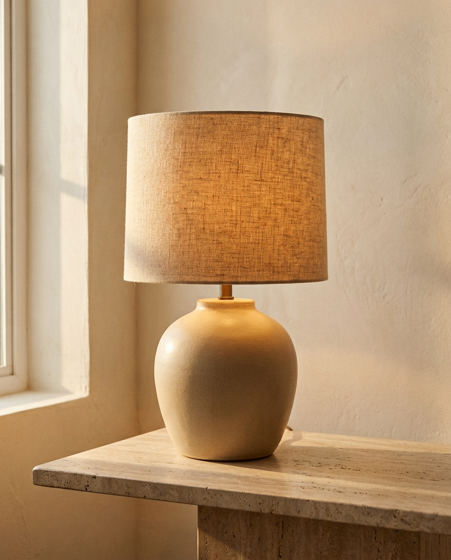 Original photograph of a sculptural table lamp in a warm interior